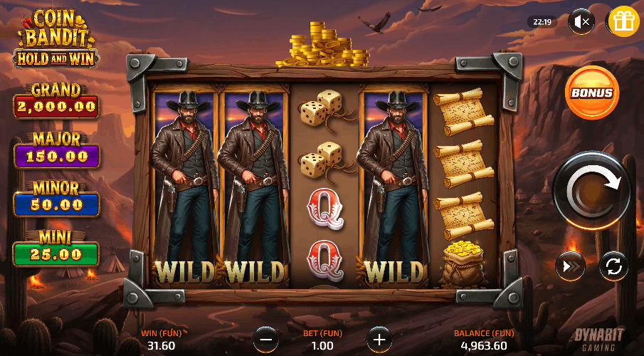 Coin Bandit Booongo &mdash; wild-west cluster Hold&Win bij Kakadu